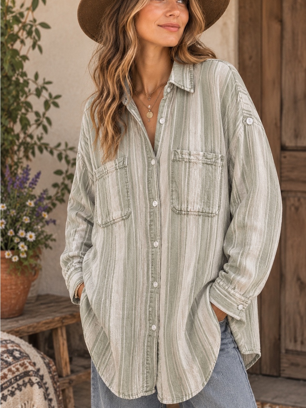 American Eagle Linen Blend Oversized Striped Button-Up Shirt Size S Boho Casual